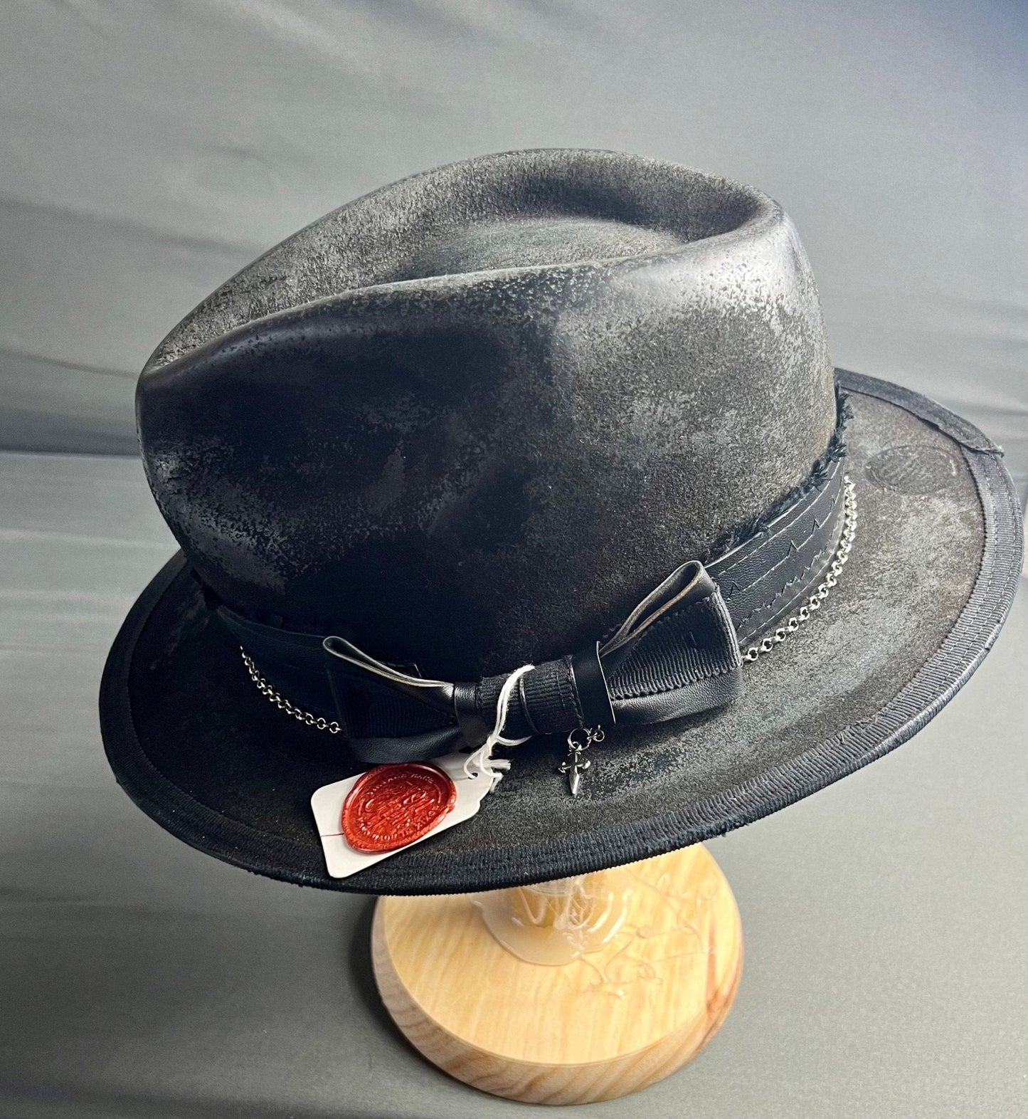 JonHats artisan vintage men's hat in black with leather band and decorative chain detail