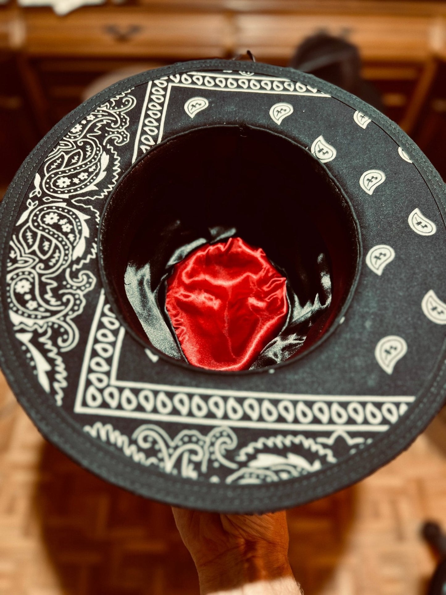 JonHats handcrafted vintage gothic hat with black and white paisley design and red satin interior lining