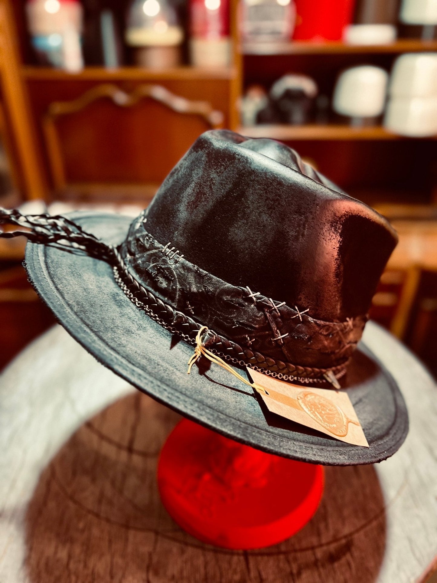 JonHats handcrafted vintage gothic hat in black with detailed stitching and braided band