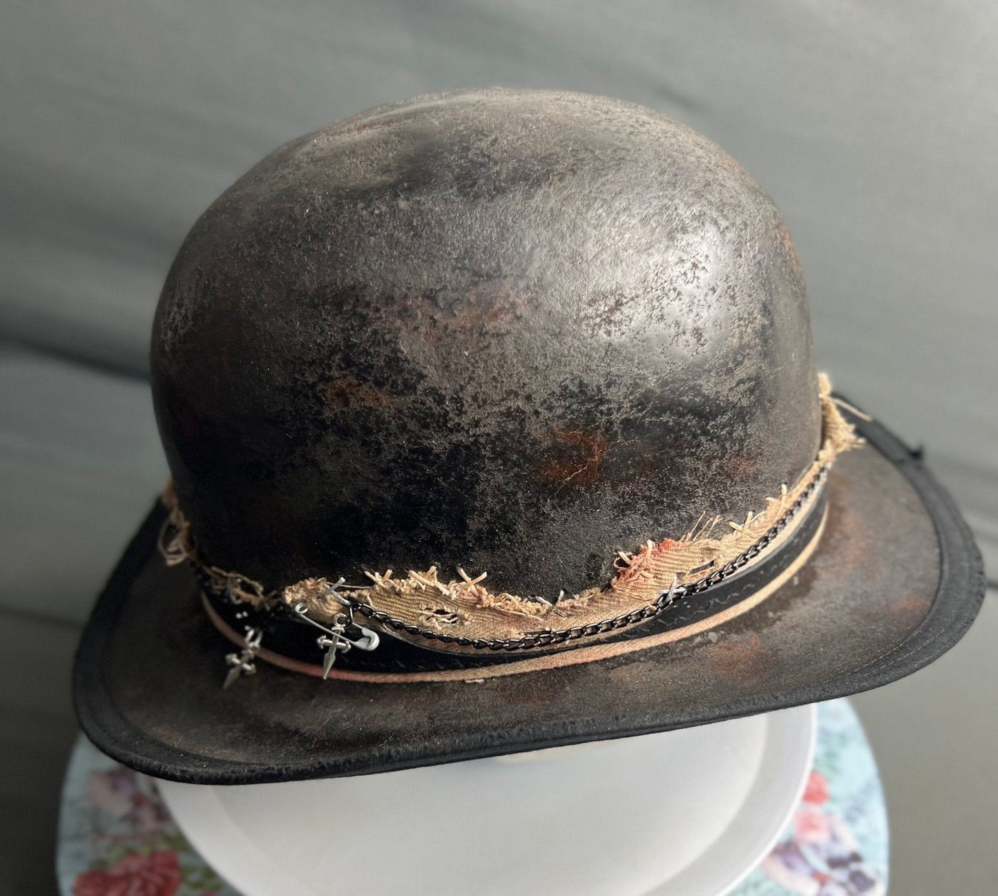 Handmade distressed undertaker hat by JonHats with worn leather and decorative chain details