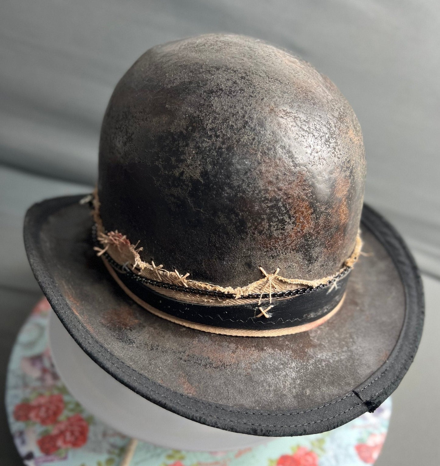 Handmade distressed undertaker hat with weathered leather finish and stitched band by JonHats