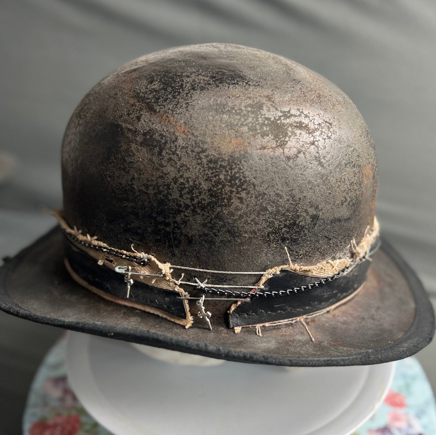 JonHats handmade distressed undertaker hat with weathered finish and stitched details