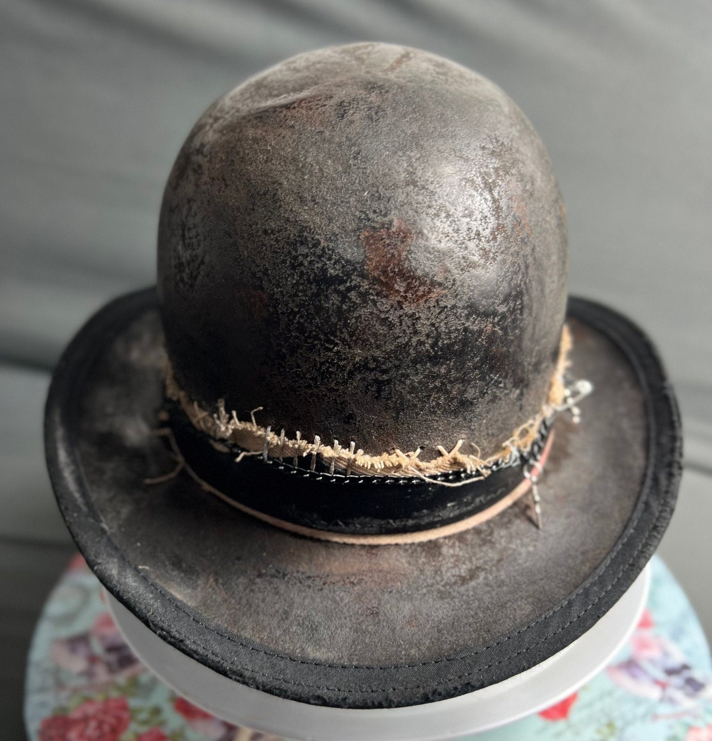 Handmade distressed undertaker hat by JonHats with worn texture and stitched band detail