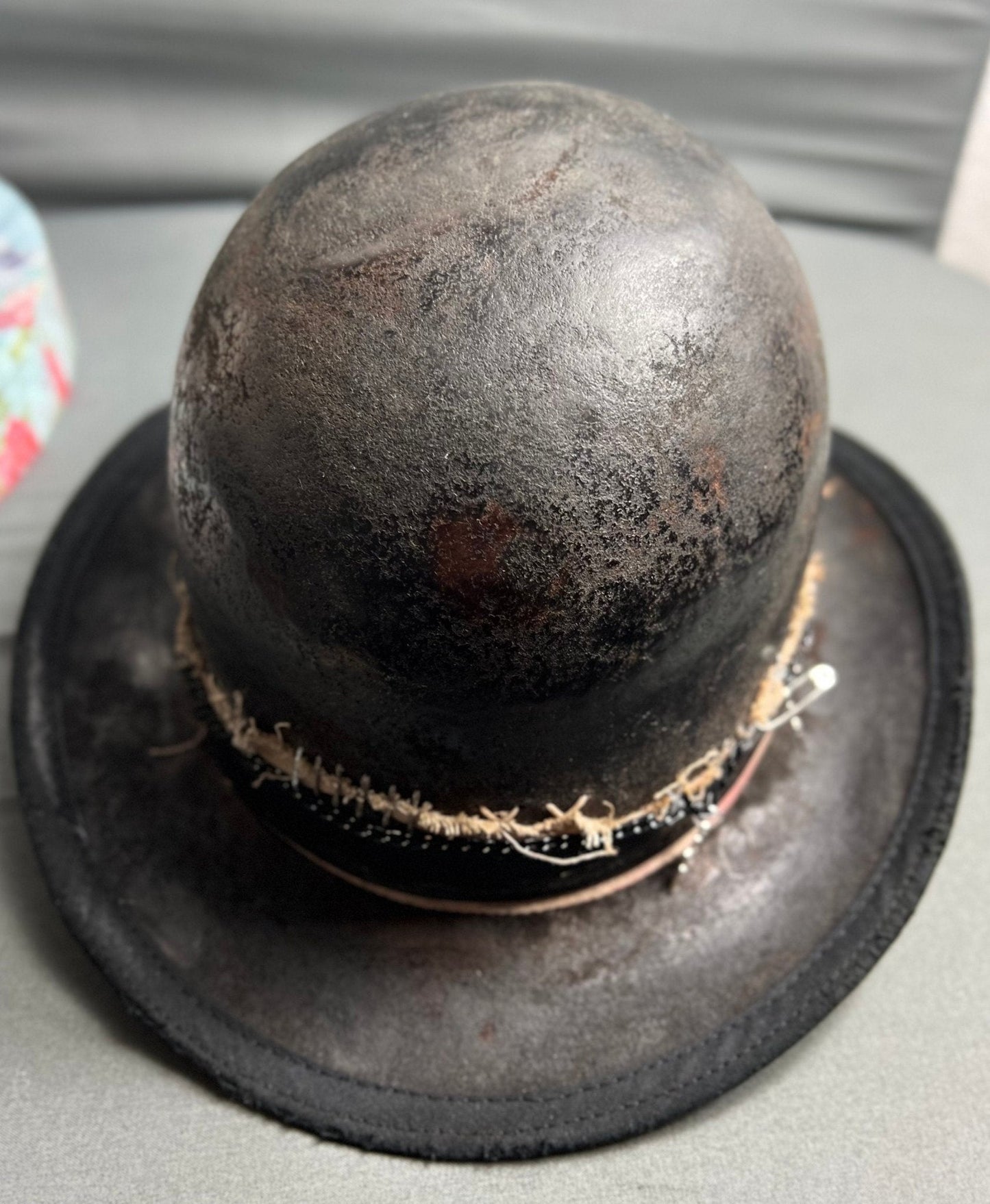 Handmade distressed undertaker hat with weathered black finish and stitched detailing by JonHats