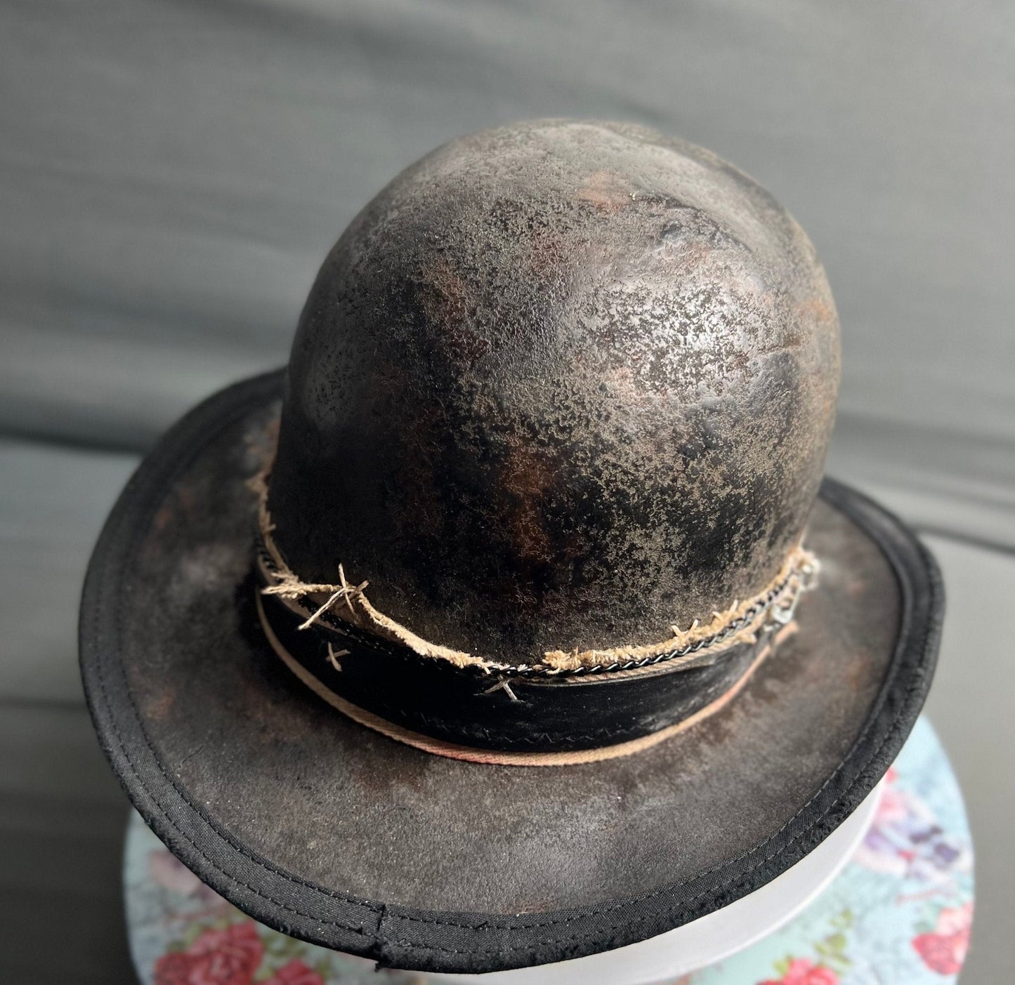 JonHats handmade distressed undertaker hat with worn textured finish and rustic band detailing