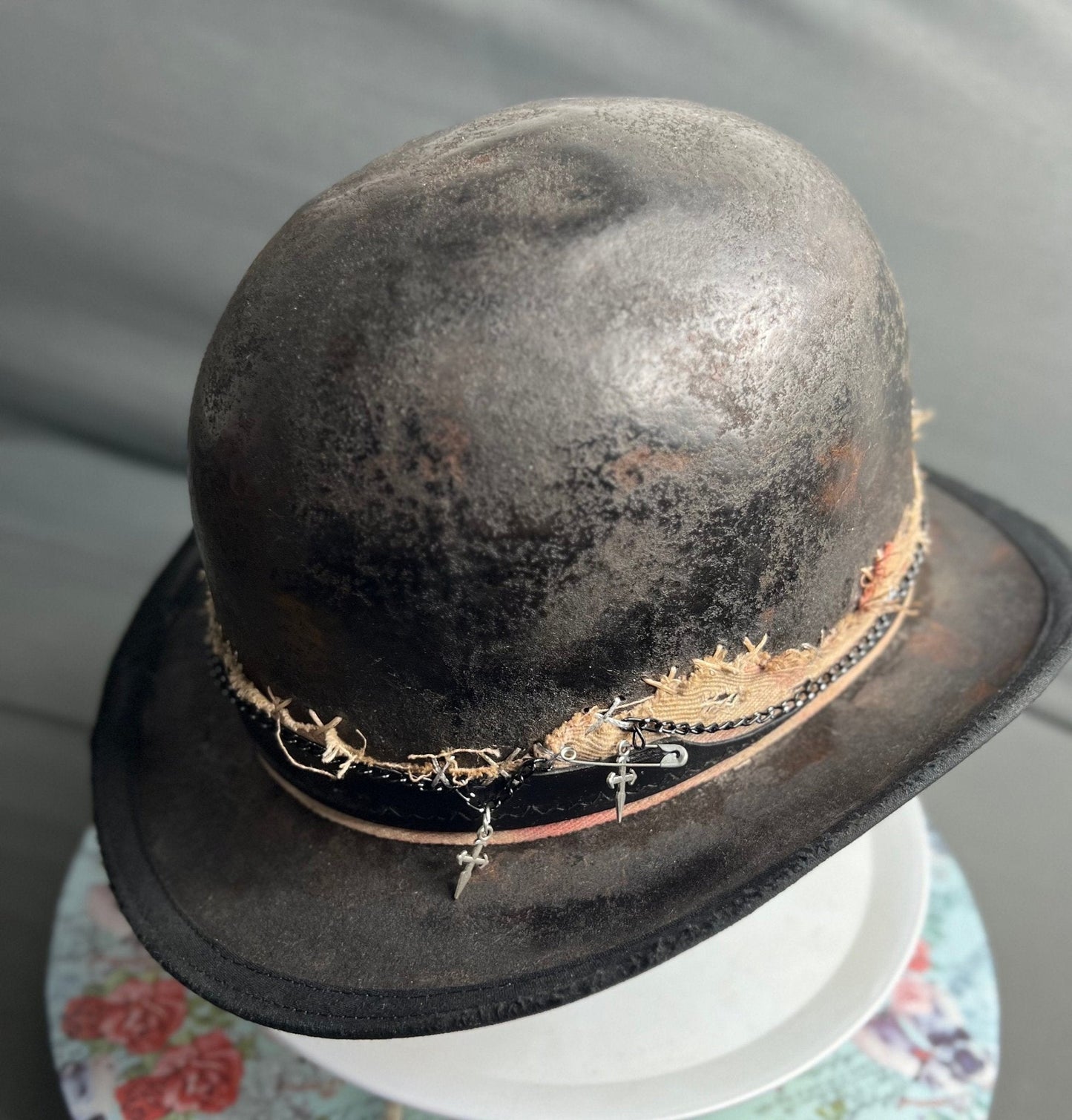 JonHats handmade distressed undertaker hat with worn black texture and decorative band with crosses