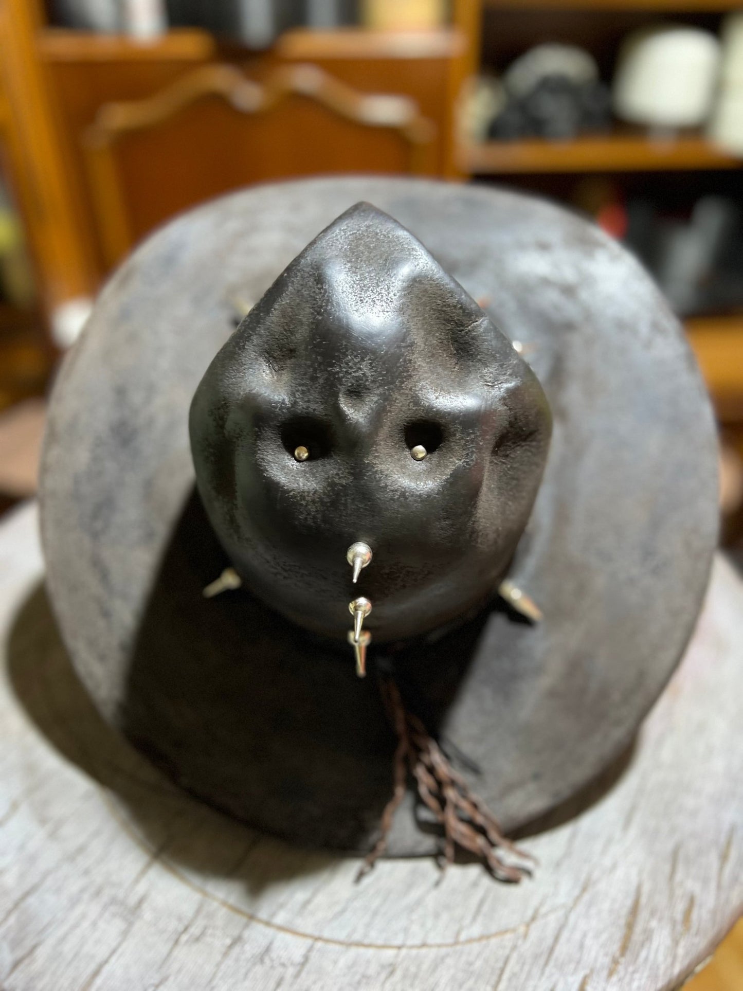 Handmade punk apocalyptic hat in black with metal spikes and unique textured design by JonHats