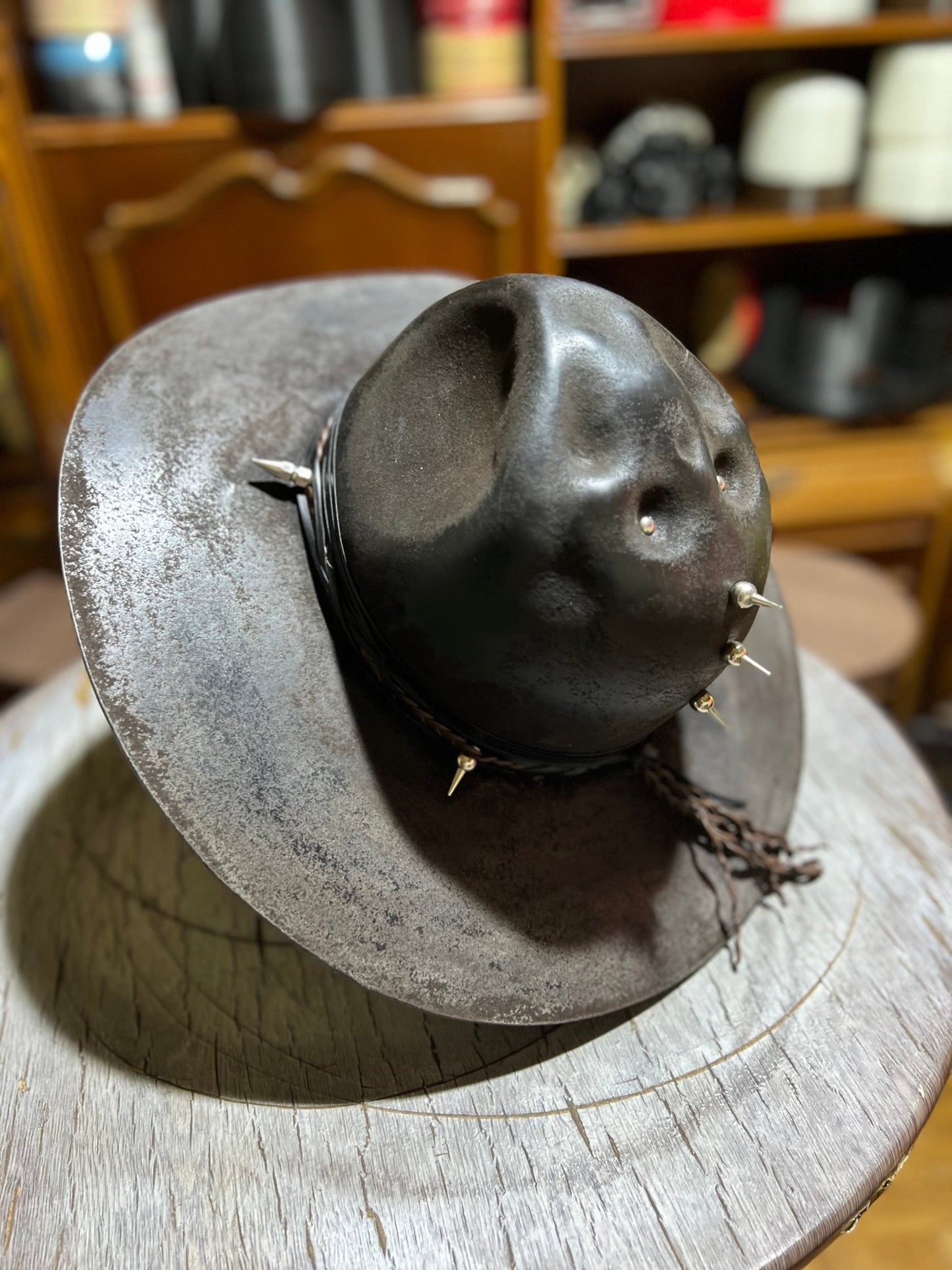 Handmade punk apocalyptic hat with distressed finish and metal spikes by JonHats