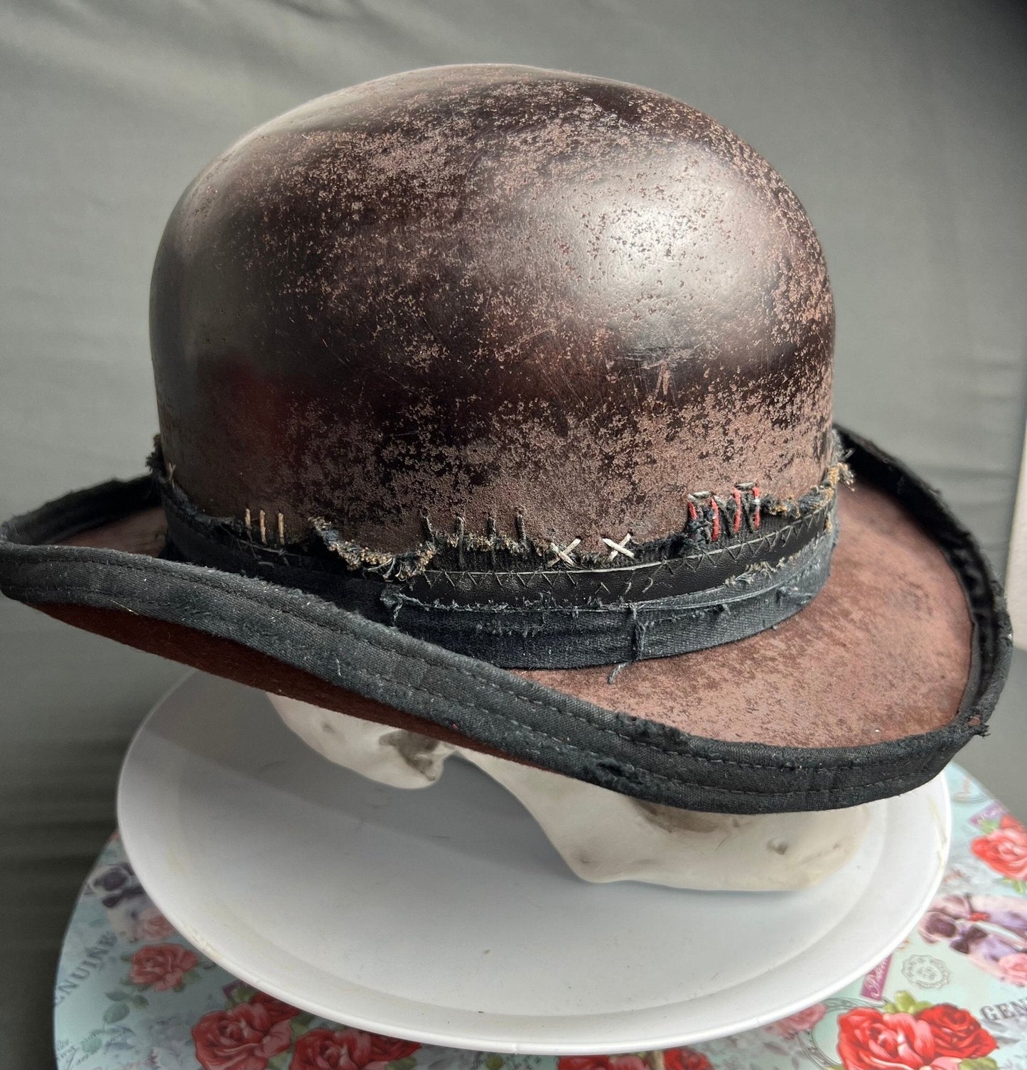 Handmade vintage bowler hat with distressed brown leather and black fabric trim by JonHats
