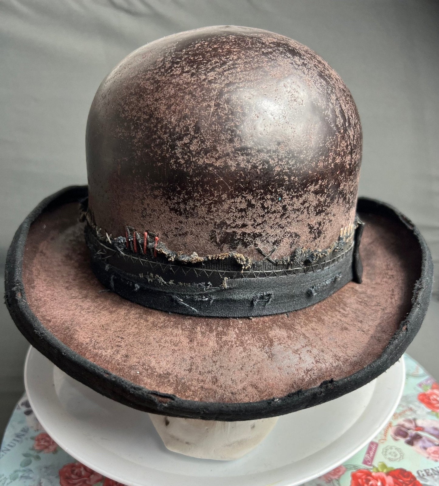Handmade vintage bowler hat with distressed brown leather and worn black band by JonHats