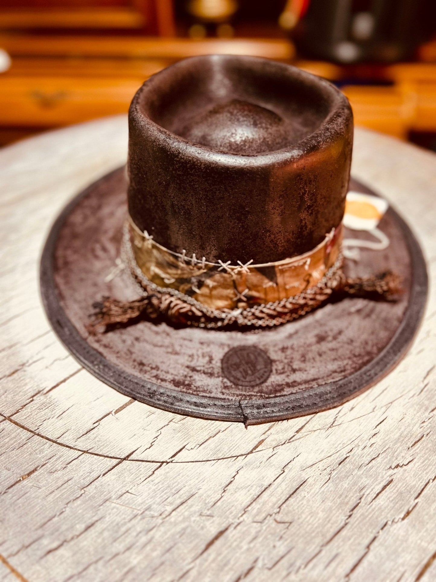 Handmade vintage distressed hat in dark brown with stitched band and braided detail by JonHats