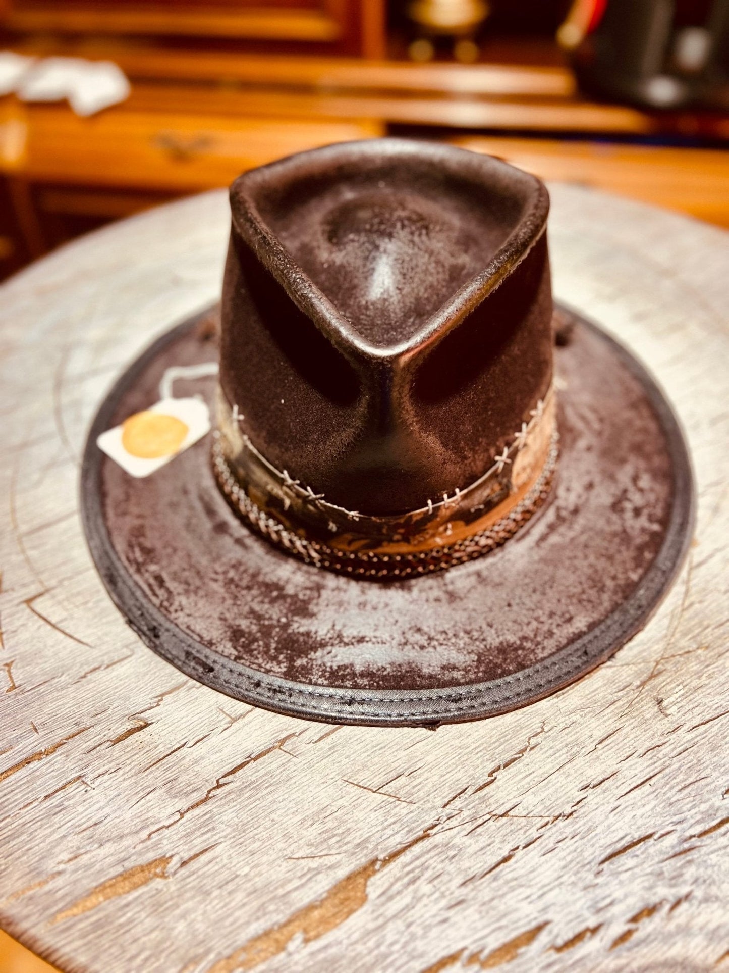 Handmade vintage distressed hat with weathered look and stitched band by JonHats