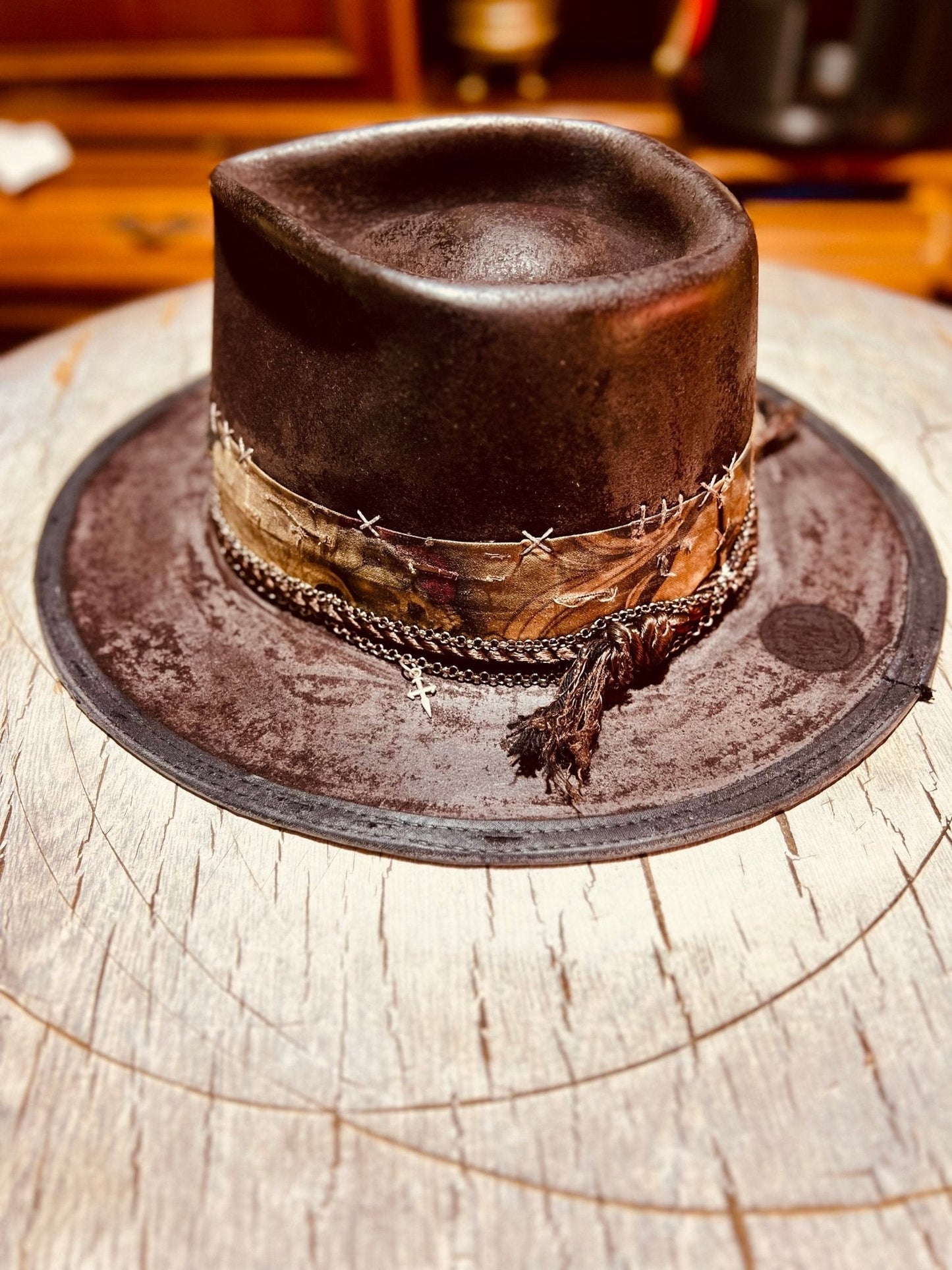 Handmade vintage distressed hat with stitched band and decorative rope detailing by JonHats