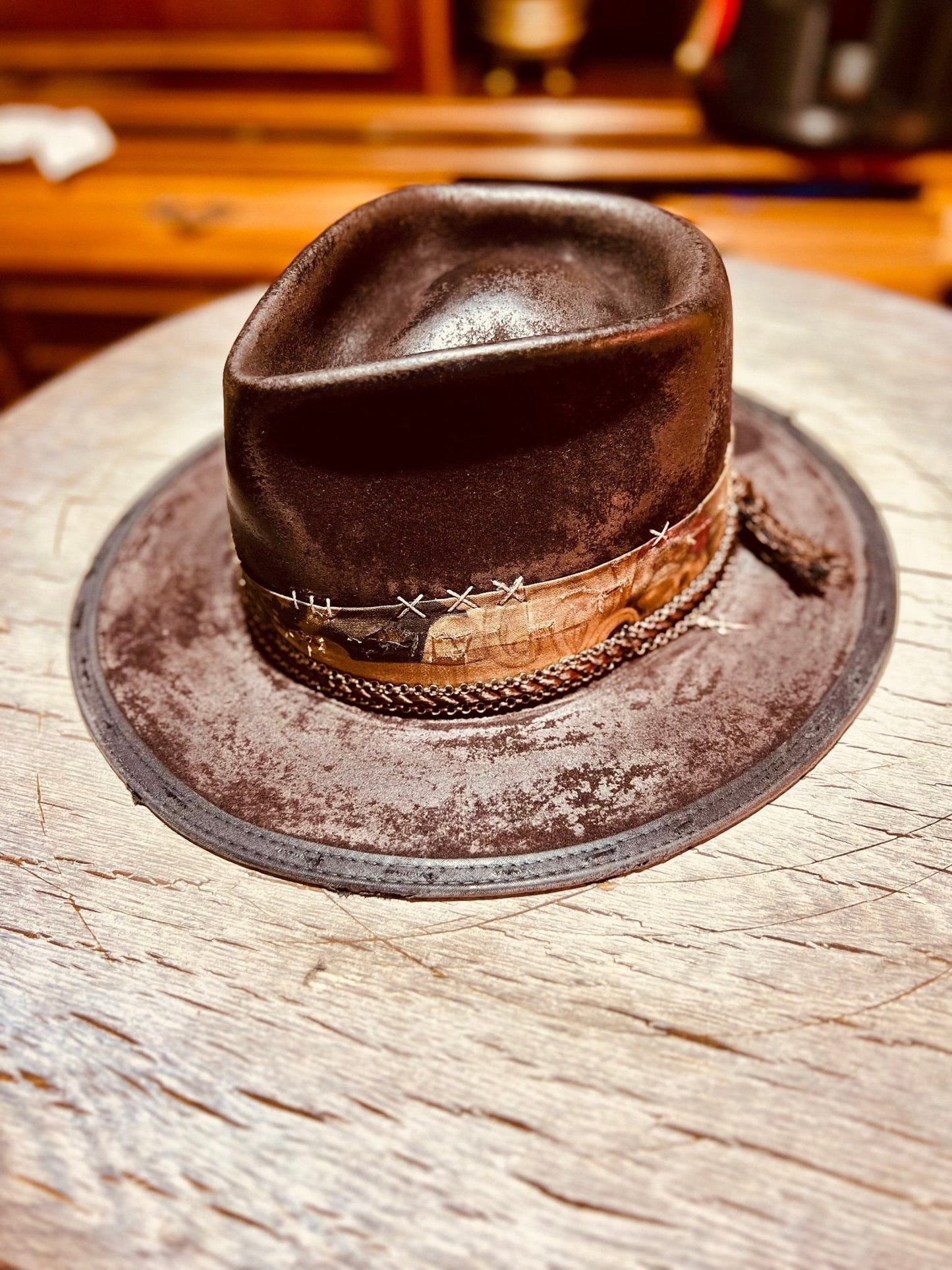Handmade vintage distressed hat in brown leather with stitched band and chain detail by JonHats