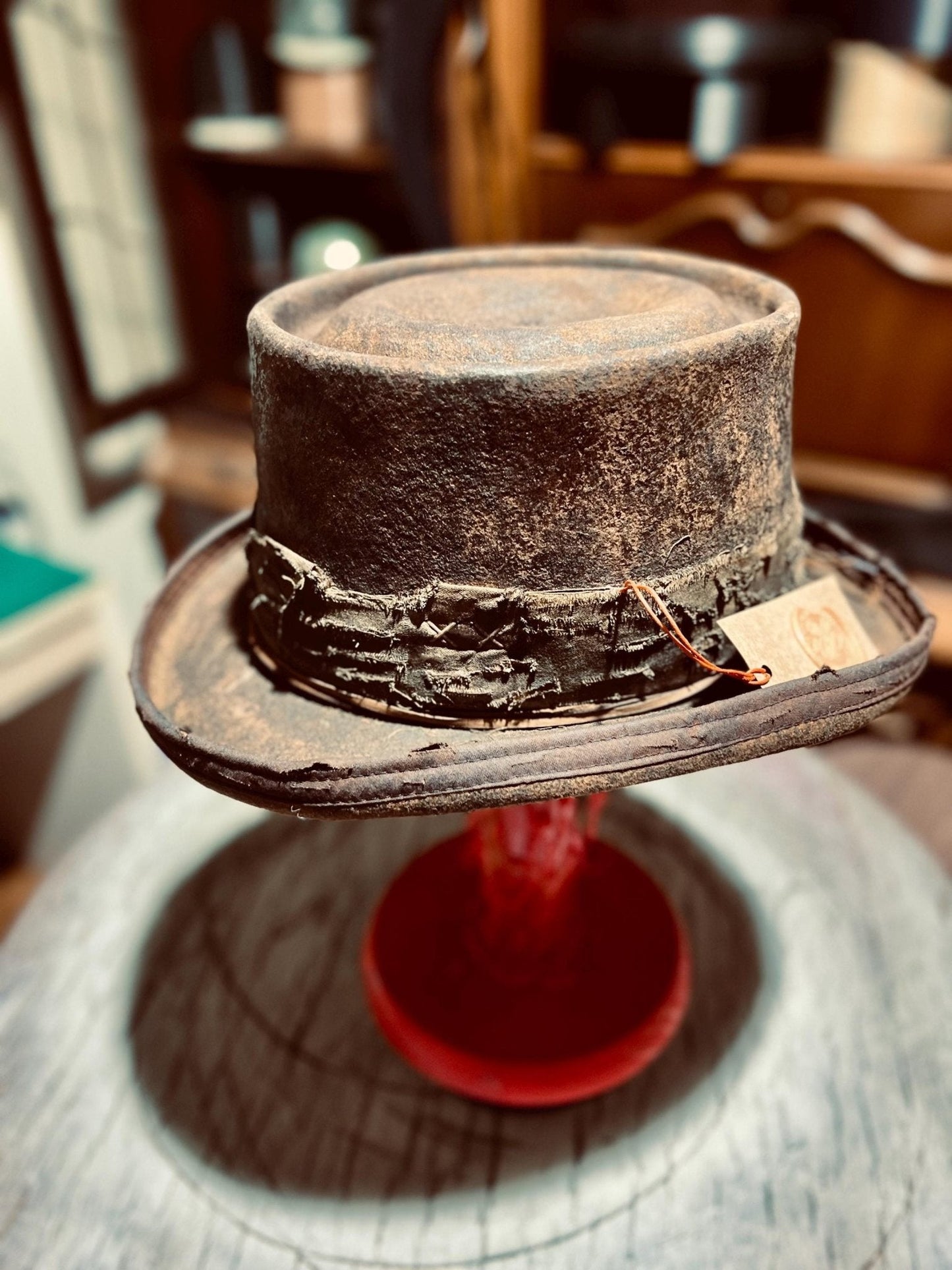 JonHats rustic handmade western hat with distressed leather band and vintage style
