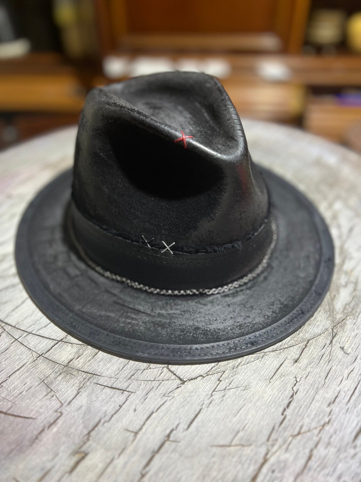 JonHats black leather Las Vegas style vintage hat with red and white stitch detailing