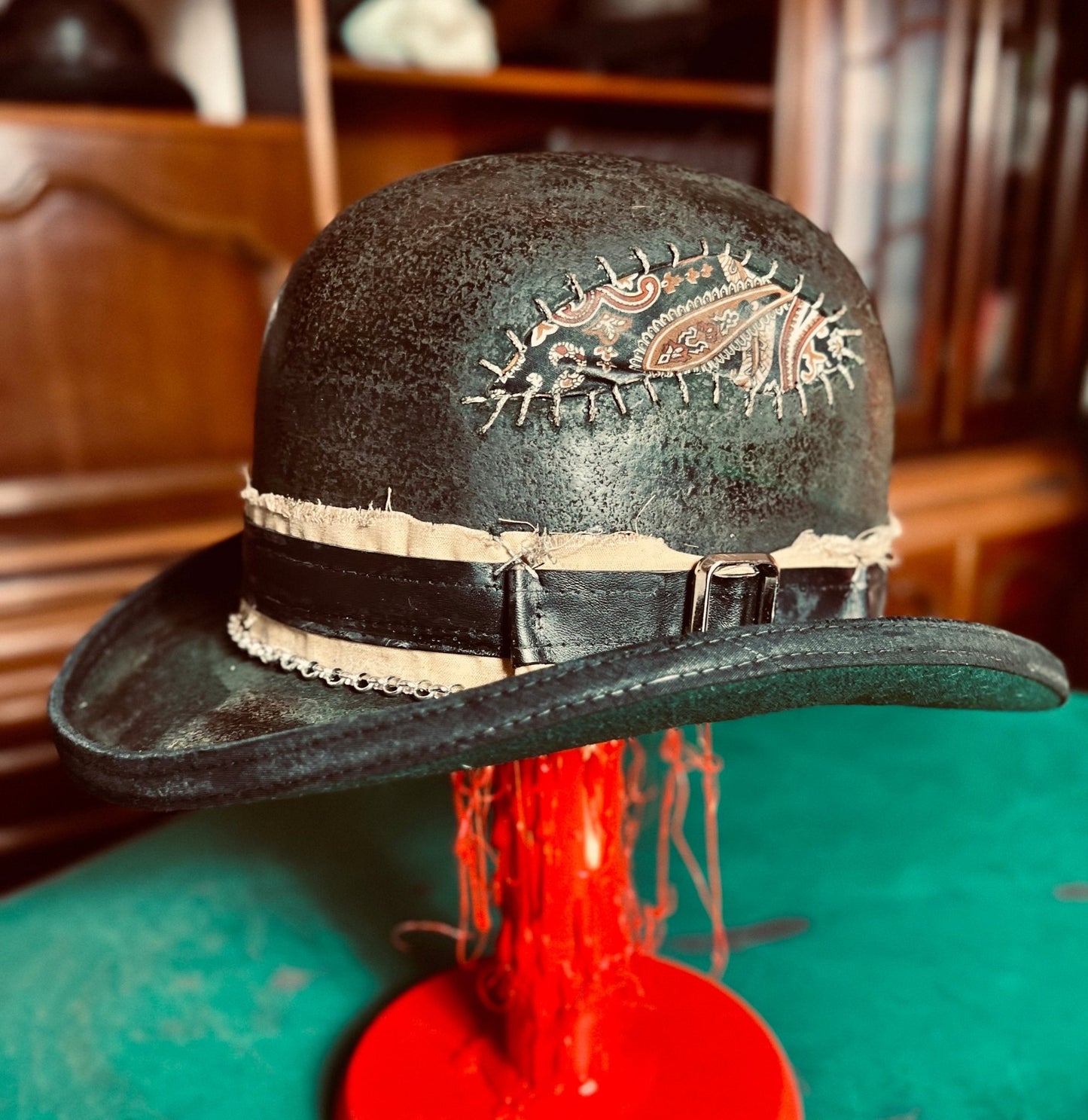 Unique handcrafted vintage hat by JonHats featuring stitched paisley design and leather band