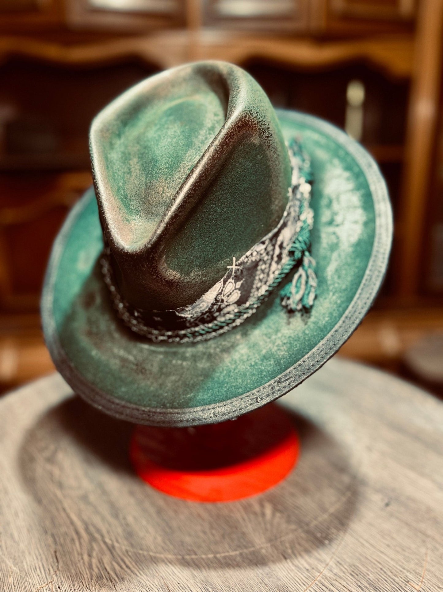 Vintage explorer hat handmade in green with decorative band and distressed finish by JonHats