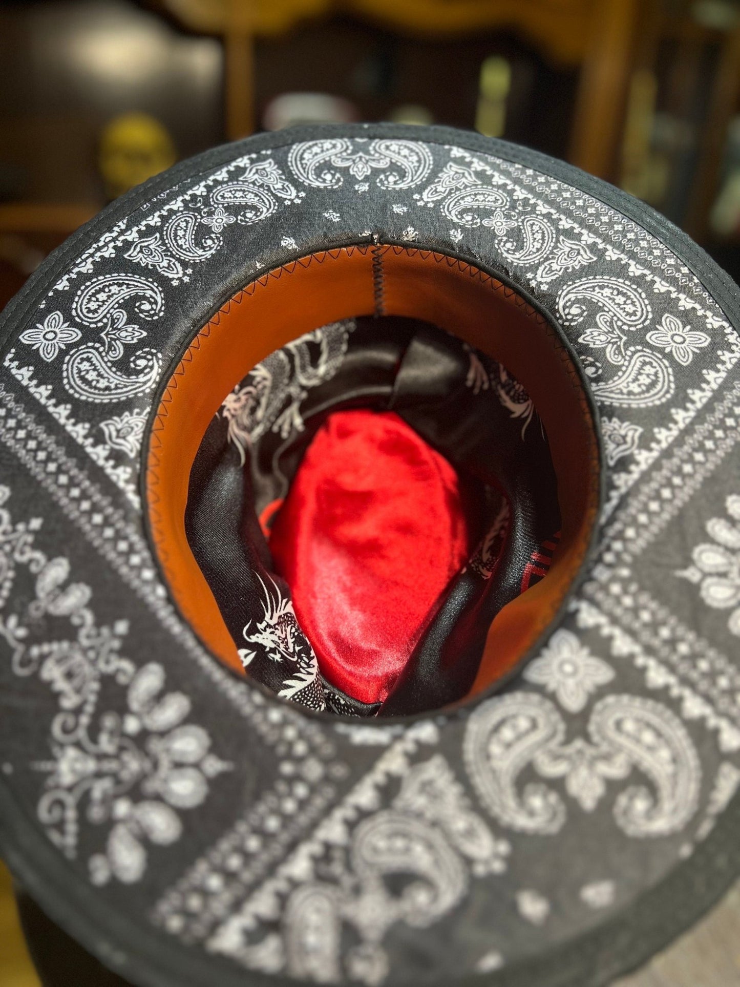 Vintage explorer hat handmade with detailed black and white bandana pattern and red satin inner lining