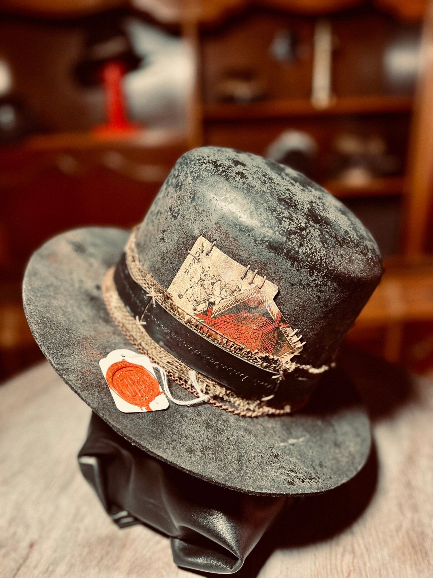 JonHats vintage western open crown hat with distressed grey finish and decorative band
