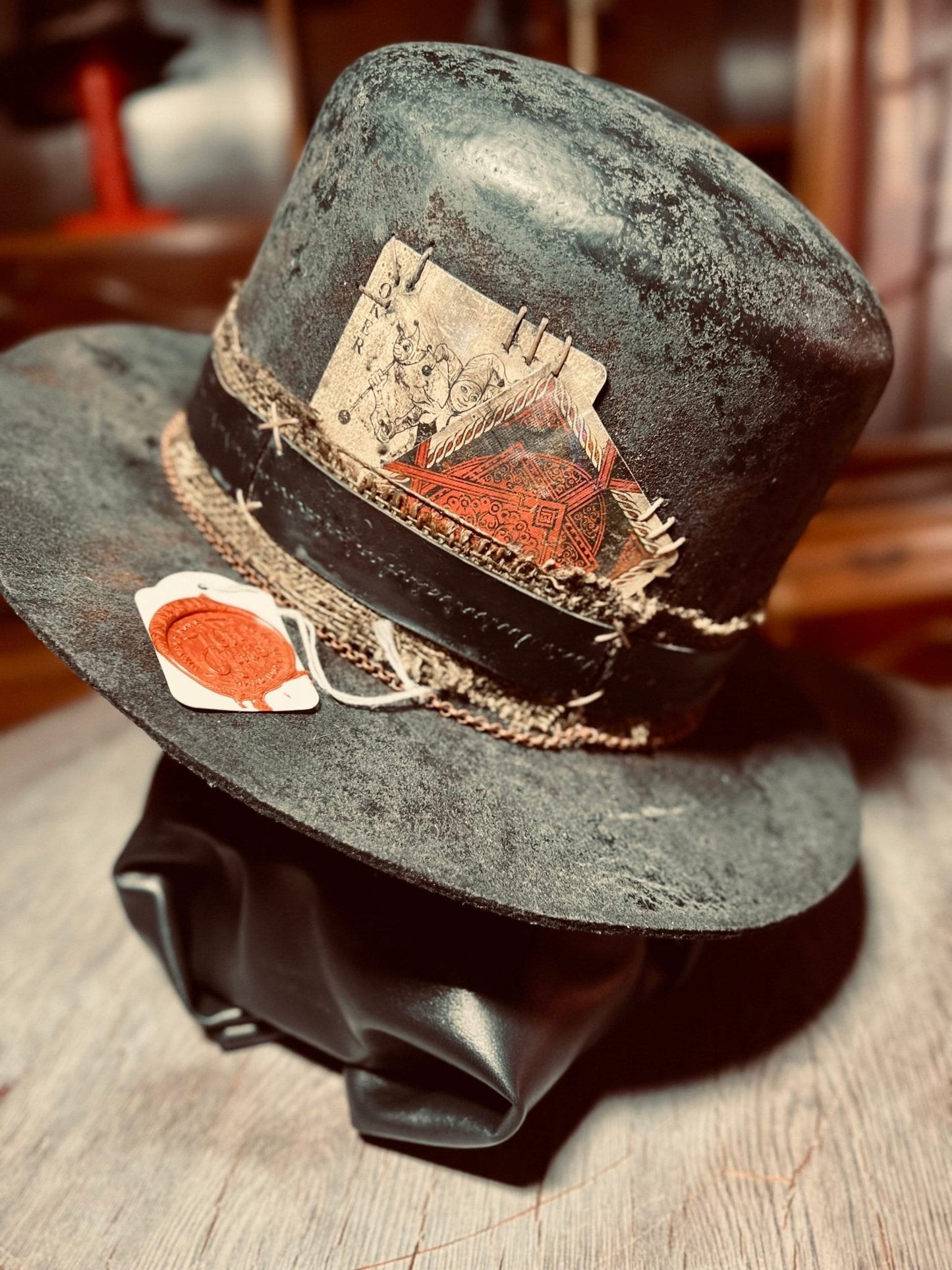 JonHats vintage western open crown hat with weathered grey finish and decorative band detail
