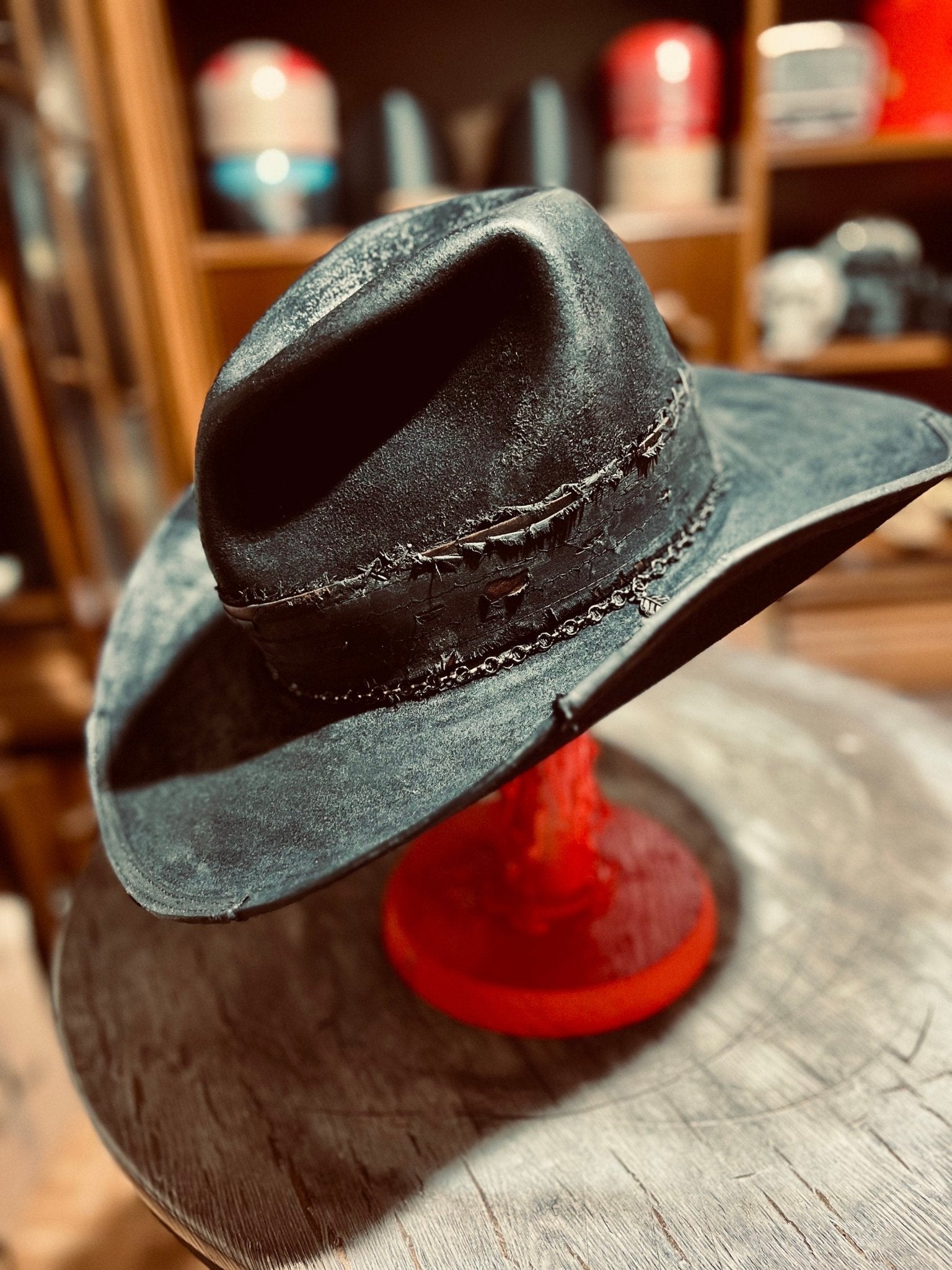Western distressed hat handmade in black with textured leather and rustic stitching by JonHats