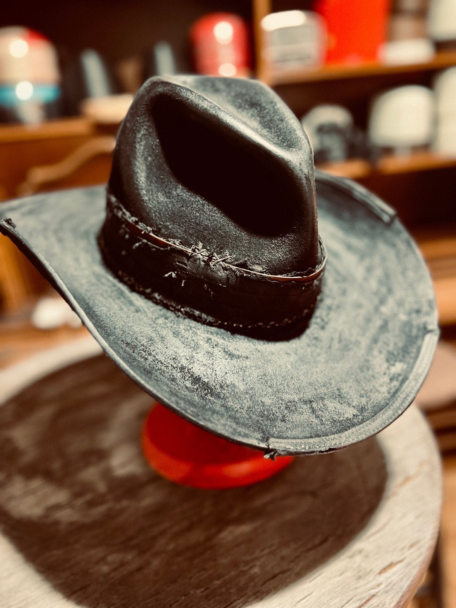 JonHats western distressed hat handmade in black with weathered texture and stitched band