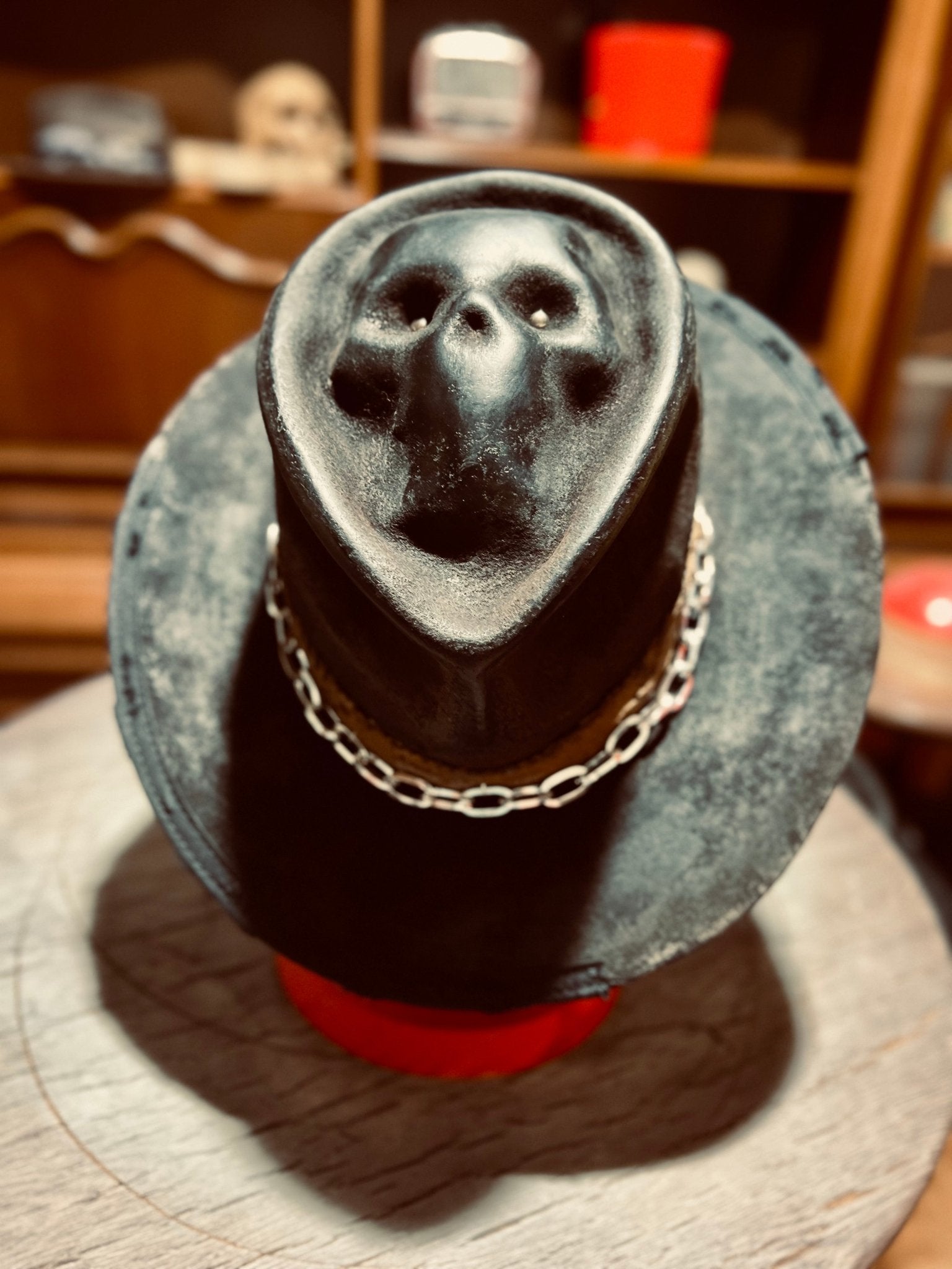 JonHats vintage men's artisan hat in black with skull design and silver chain detail