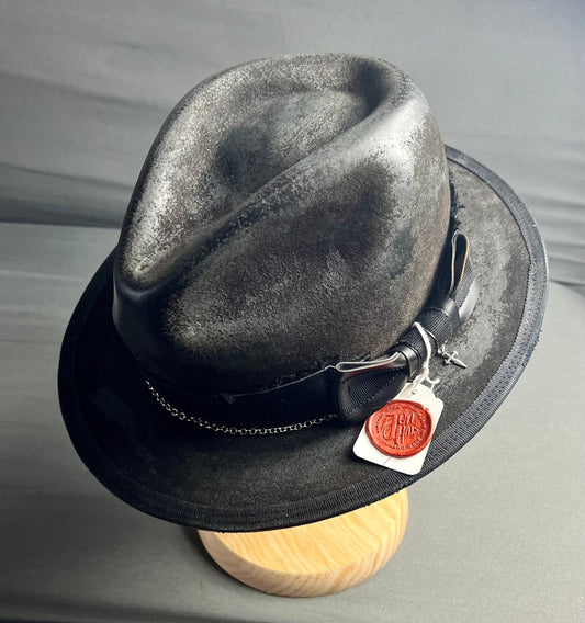 JonHats artisan vintage men's hat in black with textured finish and decorative leather band