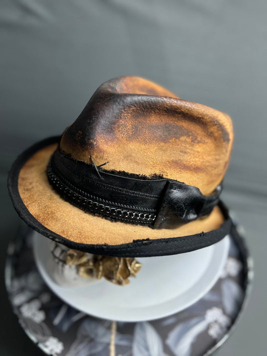 JonHats boho vintage distressed hat with worn brown and black leather band detailing