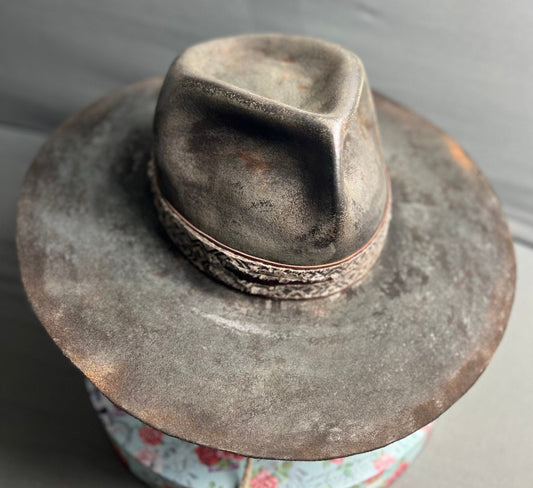 Exclusive handcrafted hats by JonHats featuring a unique weathered grey wide-brim design with decorative band