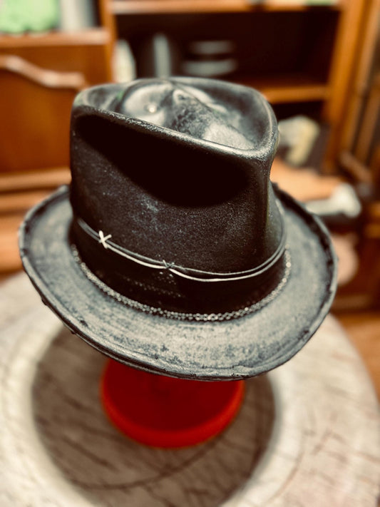JonHats handmade distressed fedora in black with a worn vintage look and barbed wire detail