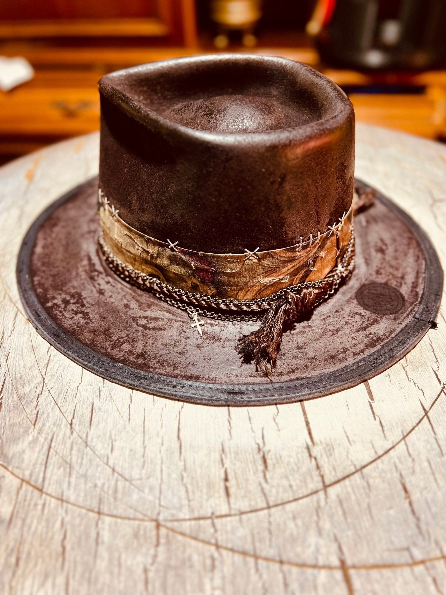 Handmade vintage distressed hat with stitched band and decorative rope detailing by JonHats