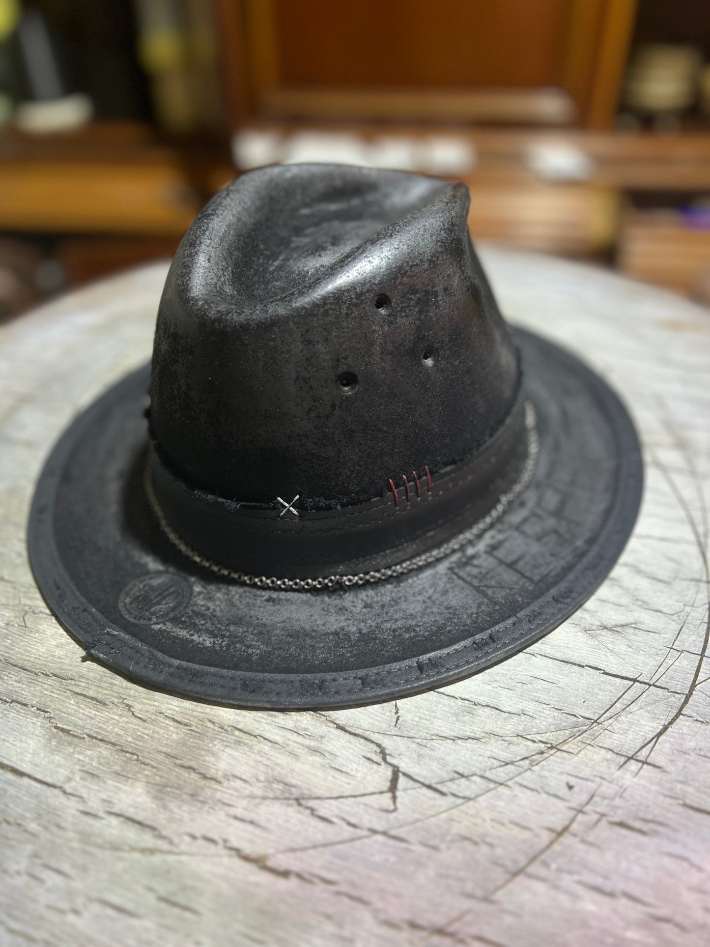 Black JonHats Las Vegas style vintage hat with distressed finish and stitched details