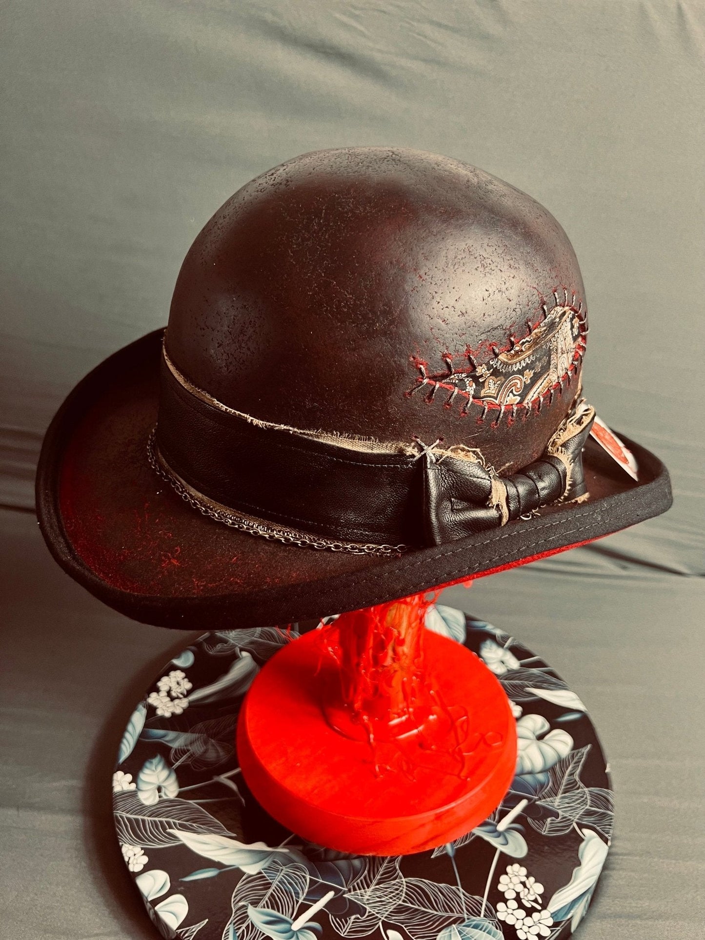 Luxury bespoke vintage fedora hat in dark brown leather with decorative stitching and bow by JonHats