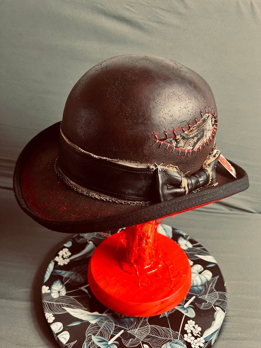 Luxury bespoke vintage fedora hat in dark brown leather with decorative stitching and bow by JonHats