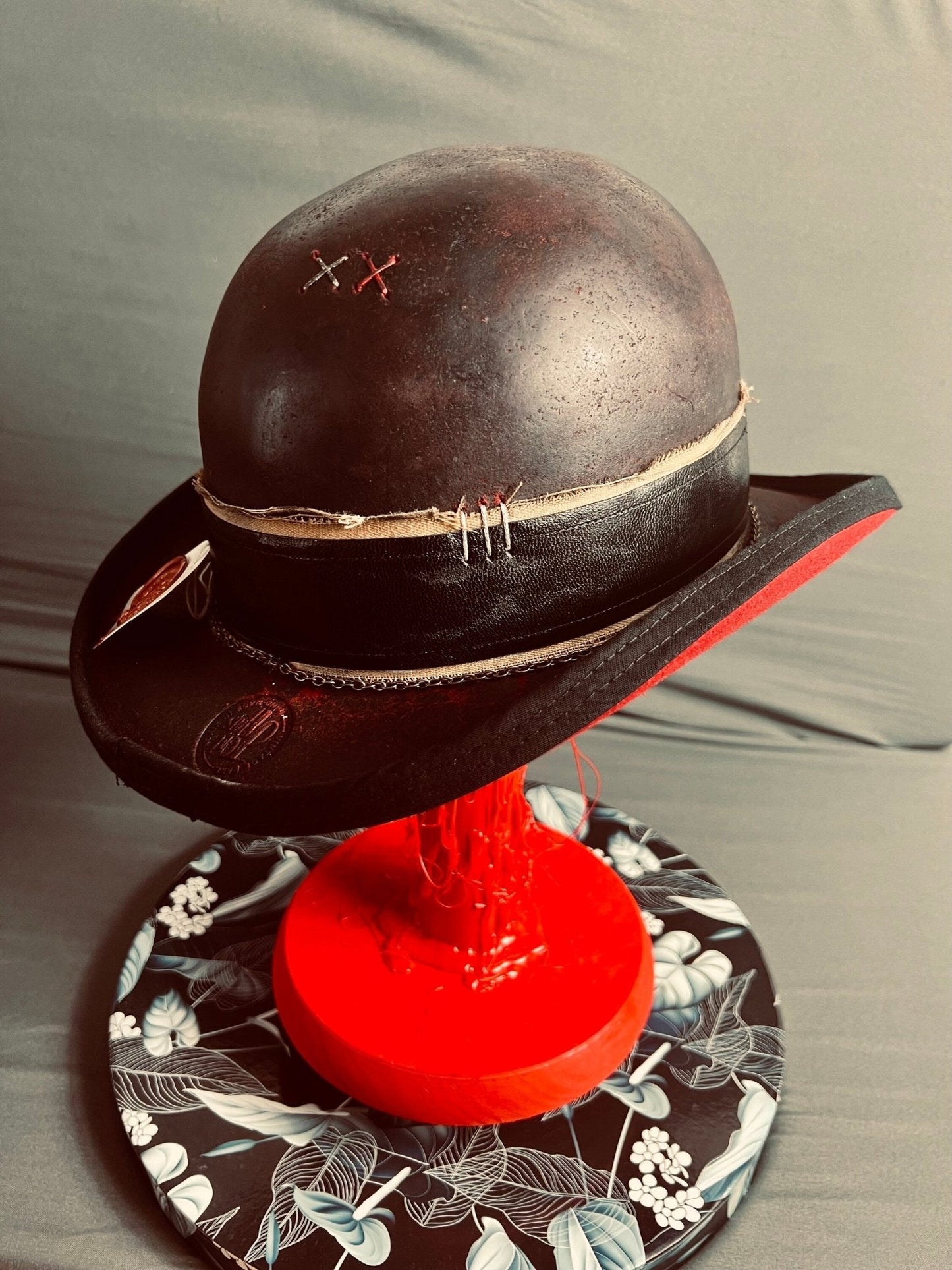 Luxury bespoke vintage fedora in dark brown leather with stitched detailing and decorative band by JonHats